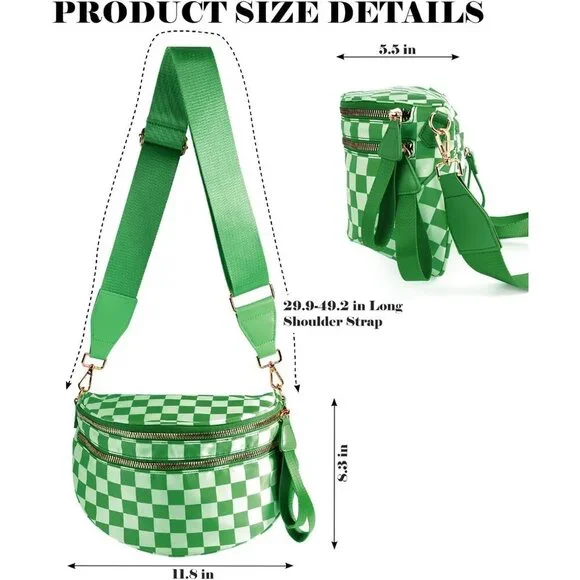 Women Kelly Green Imported Polyester Checkered Crossbody Fanny Belt Bum Bag - Picture 3 of 6